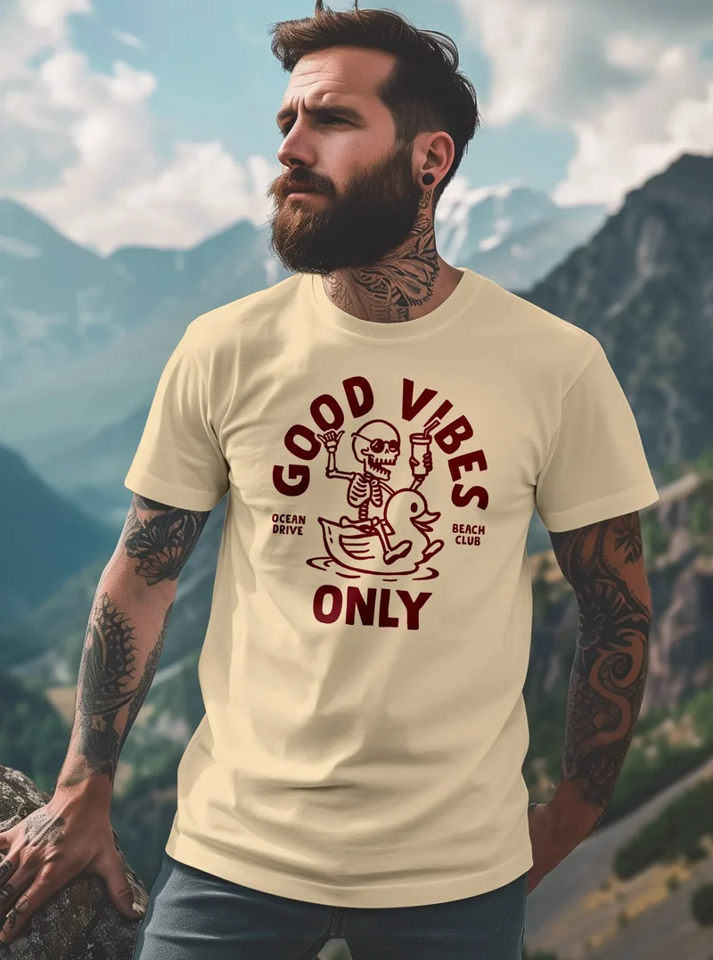 Herren T-Shirt Printshirt Spruch Good Vibes Only Skelett-Motiv Sommer Frontprint Fashion Streetstyle