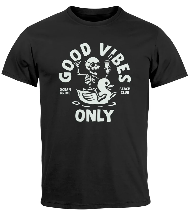 Herren T-Shirt Printshirt Spruch Good Vibes Only Skelett-Motiv Sommer Frontprint Fashion Streetstyle