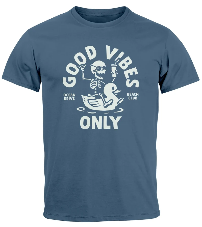 Herren T-Shirt Printshirt Spruch Good Vibes Only Skelett-Motiv Sommer Frontprint Fashion Streetstyle