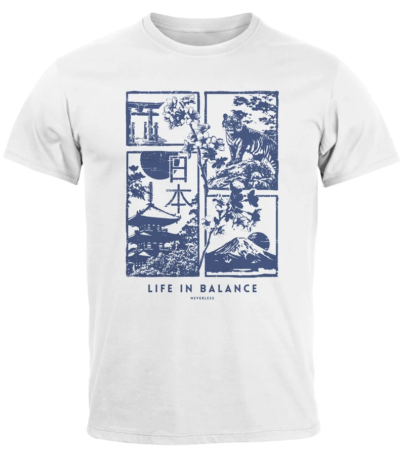 Herren T-Shirt Japan Fuji Motiv Grafikshirt Life in Balance Asien Style Fashion Streetstyle