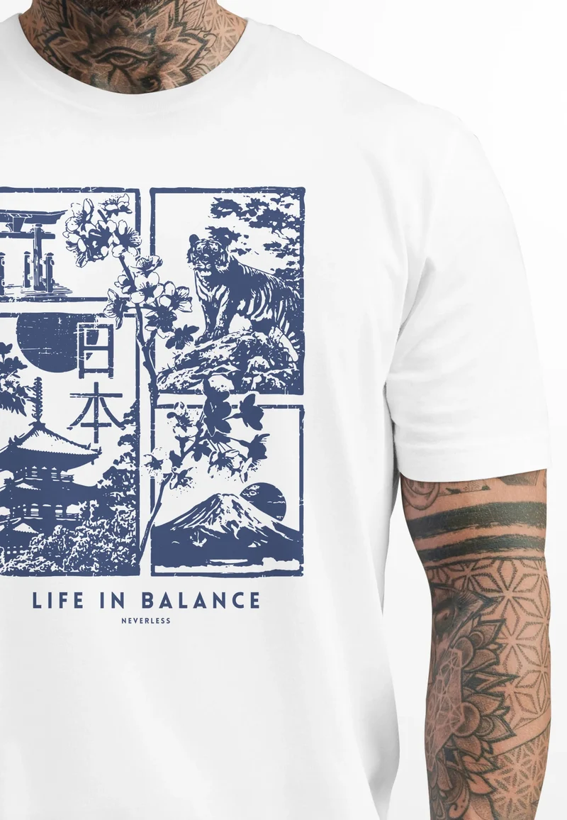 Herren T-Shirt Japan Fuji Motiv Grafikshirt Life in Balance Asien Style Fashion Streetstyle