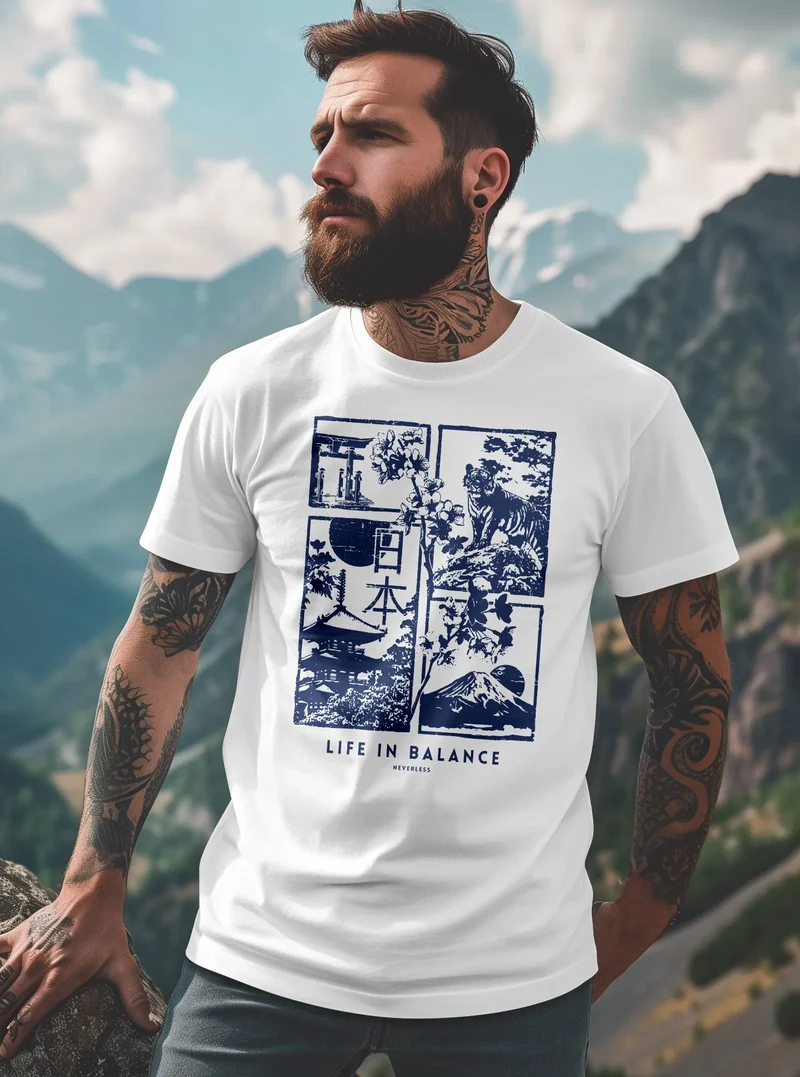 Herren T-Shirt Japan Fuji Motiv Grafikshirt Life in Balance Asien Style Fashion Streetstyle