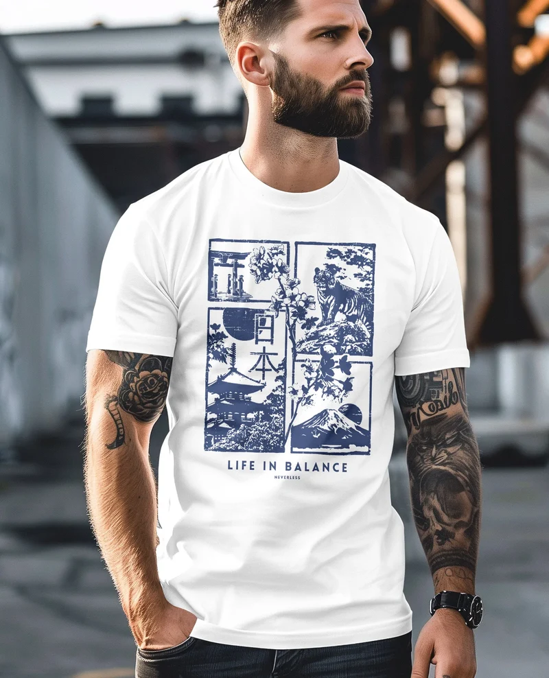 Herren T-Shirt Japan Fuji Motiv Grafikshirt Life in Balance Asien Style Fashion Streetstyle