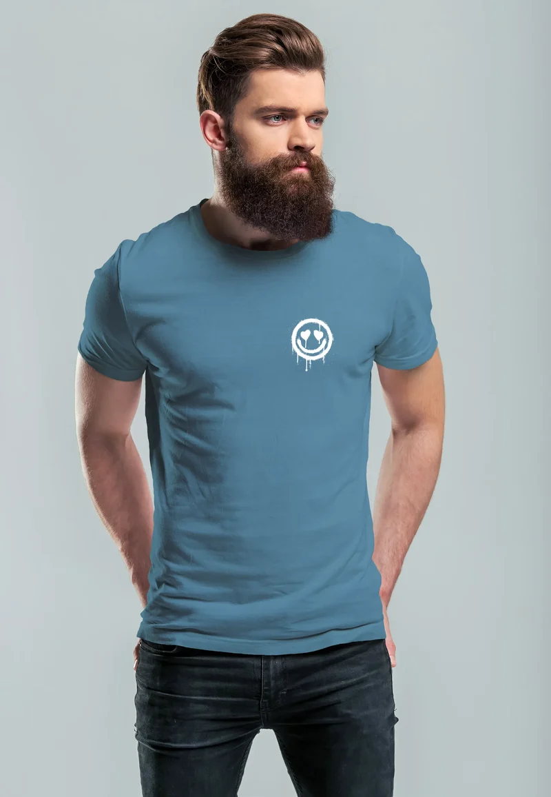 Herren T-Shirt Print Aufdruck Motiv Drip Face Drippy Smile Herz-Augen Lächeln Graffiti Fashion Streetstyle