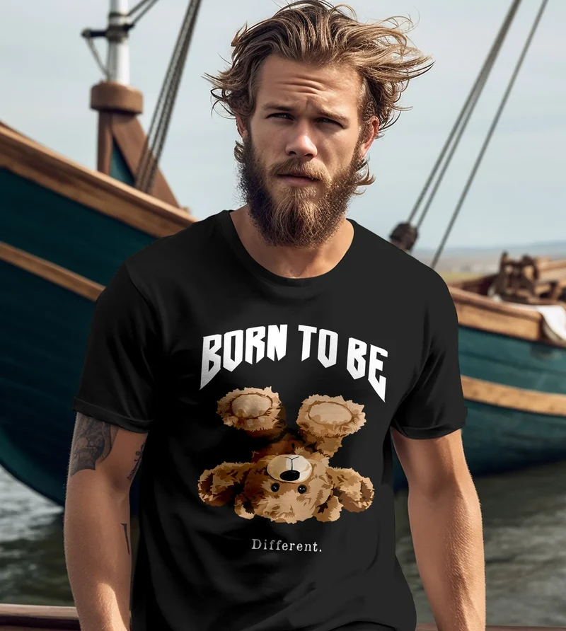 Herren T-Shirt Printshirt Born to be different Schriftzug Bear Bär Teddy Fashion Streetstyle