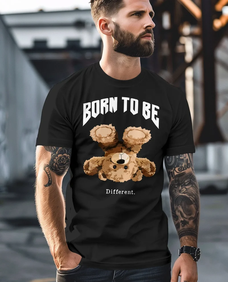 Herren T-Shirt Printshirt Born to be different Schriftzug Bear Bär Teddy Fashion Streetstyle