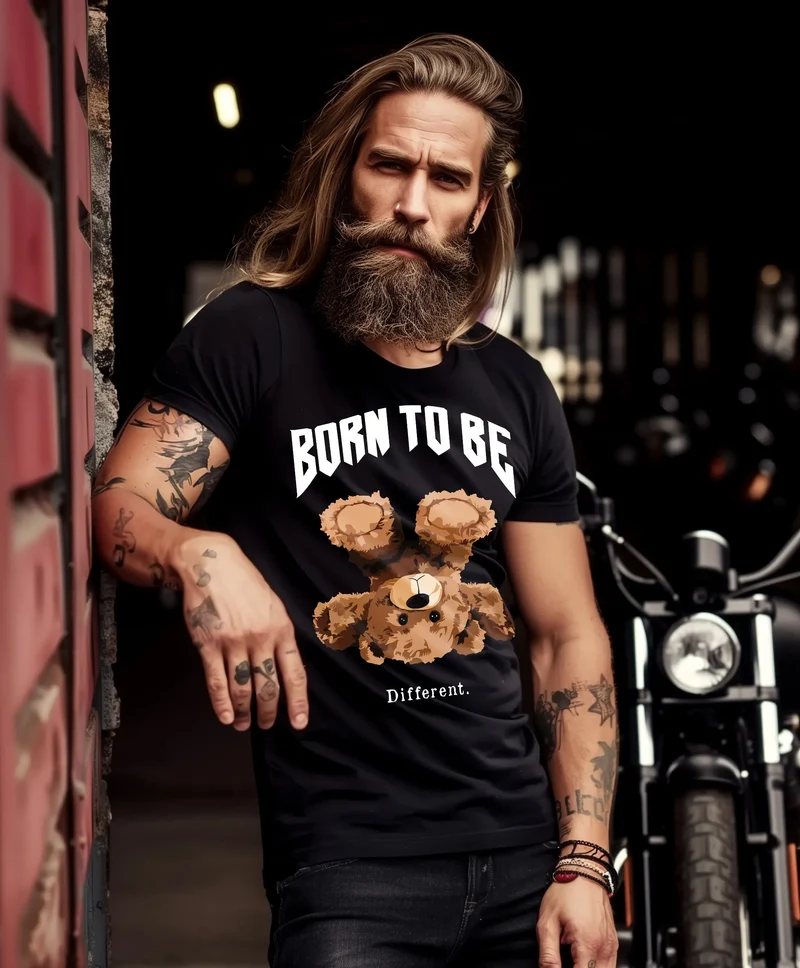 Herren T-Shirt Printshirt Born to be different Schriftzug Bear Bär Teddy Fashion Streetstyle