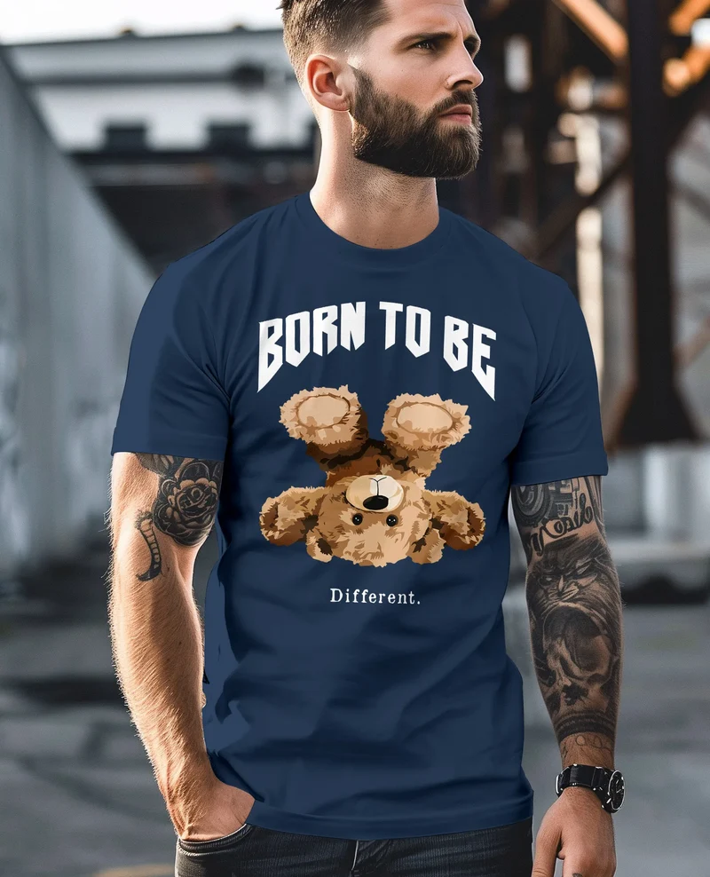 Herren T-Shirt Printshirt Born to be different Schriftzug Bear Bär Teddy Fashion Streetstyle