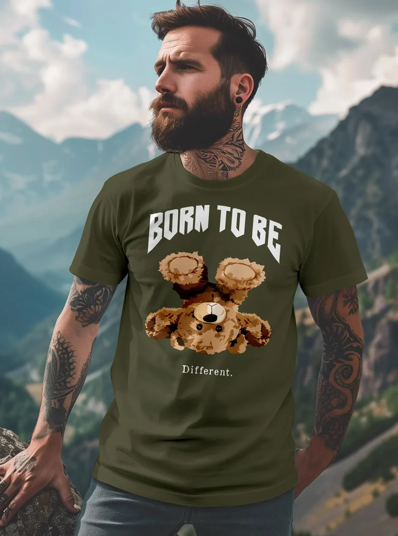 Herren T-Shirt Printshirt Born to be different Schriftzug Bear Bär Teddy Fashion Streetstyle