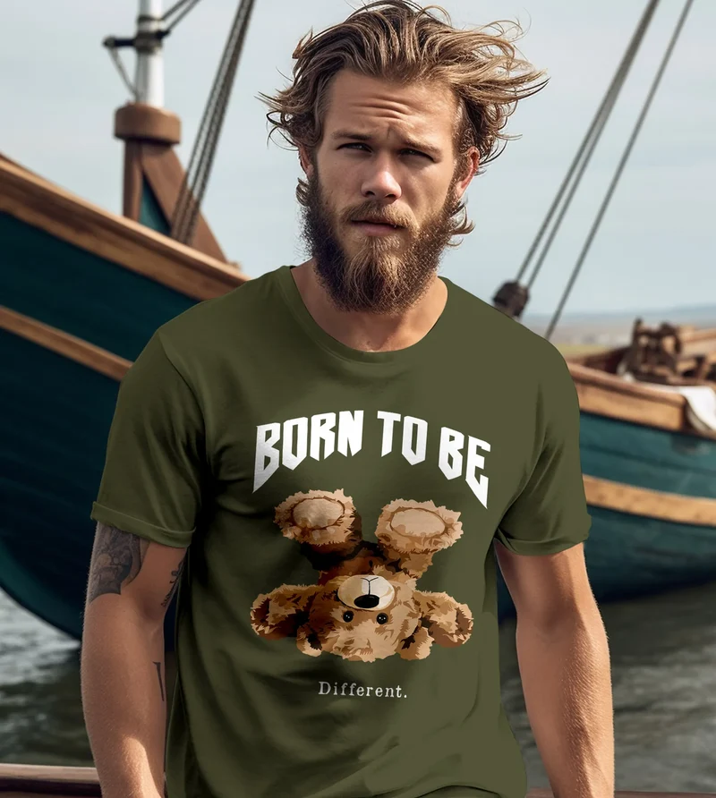 Herren T-Shirt Printshirt Born to be different Schriftzug Bear Bär Teddy Fashion Streetstyle