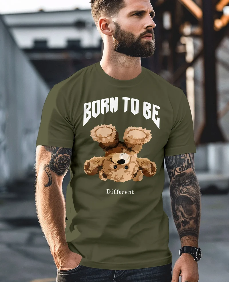 Herren T-Shirt Printshirt Born to be different Schriftzug Bear Bär Teddy Fashion Streetstyle