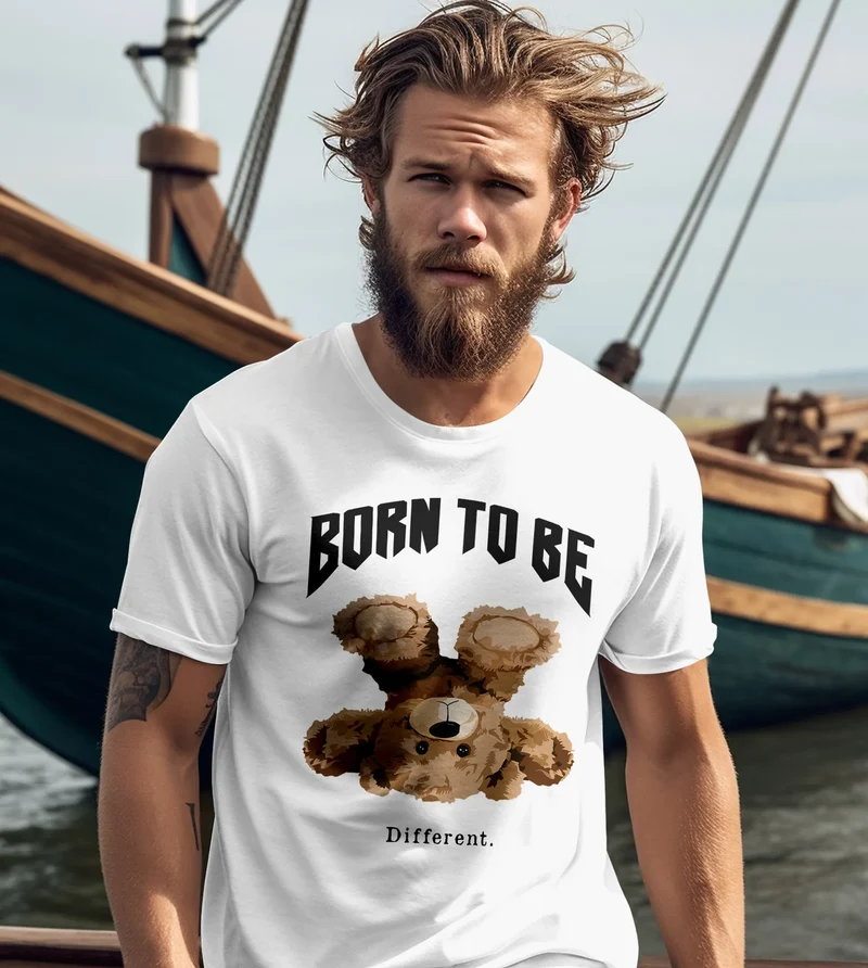 Herren T-Shirt Printshirt Born to be different Schriftzug Bear Bär Teddy Fashion Streetstyle