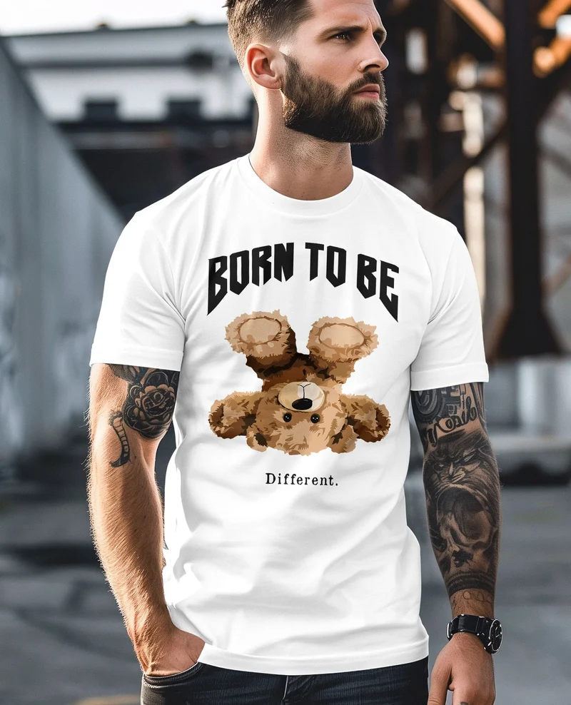 Herren T-Shirt Printshirt Born to be different Schriftzug Bear Bär Teddy Fashion Streetstyle