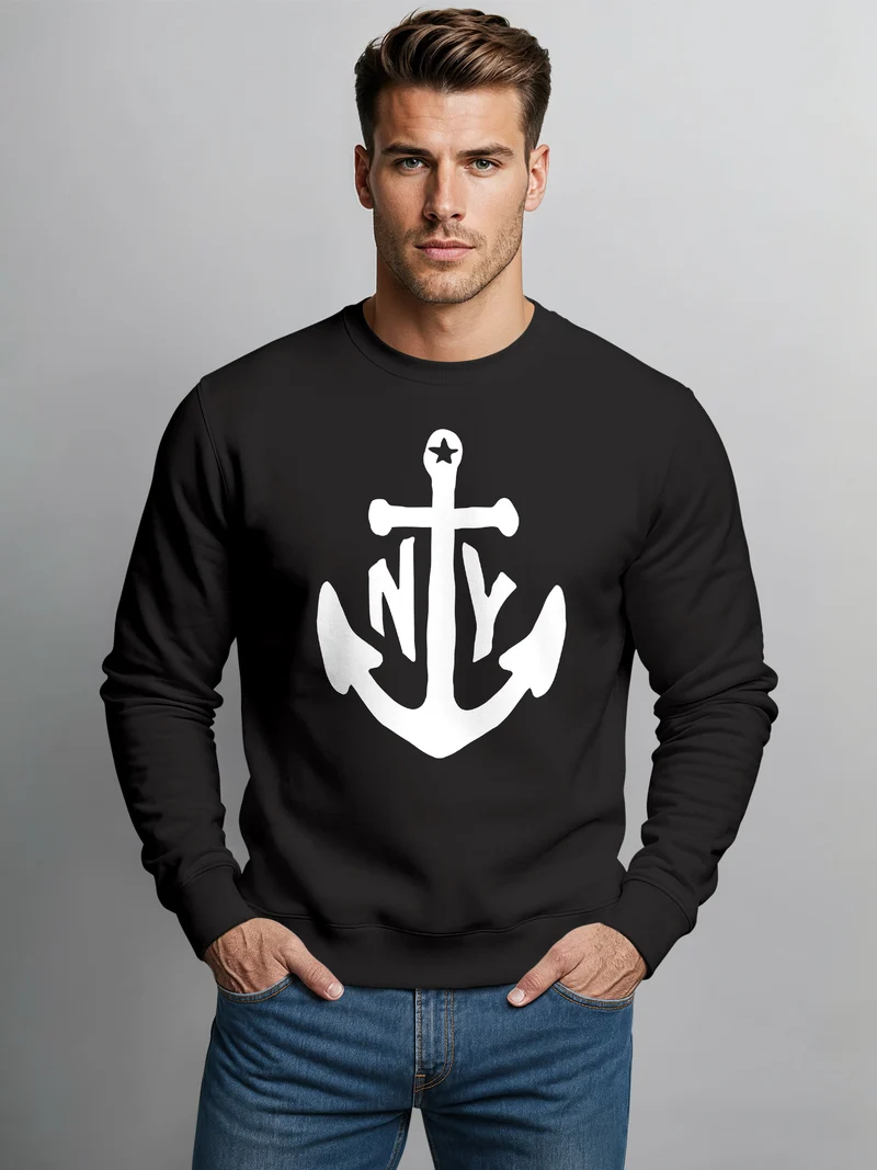 modernes Herren Sweatshirt mit Anker Druck Anchor Rundhals-Pullver