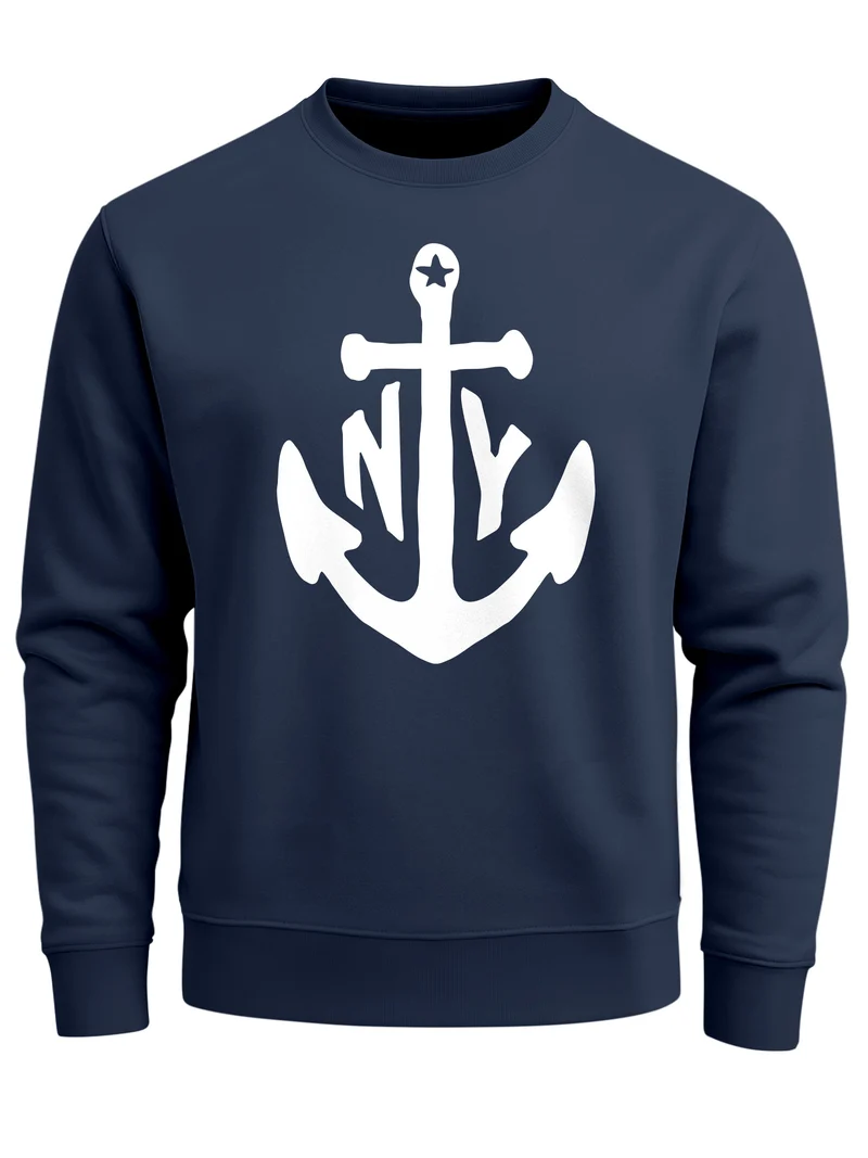 modernes Herren Sweatshirt mit Anker Druck Anchor Rundhals-Pullver