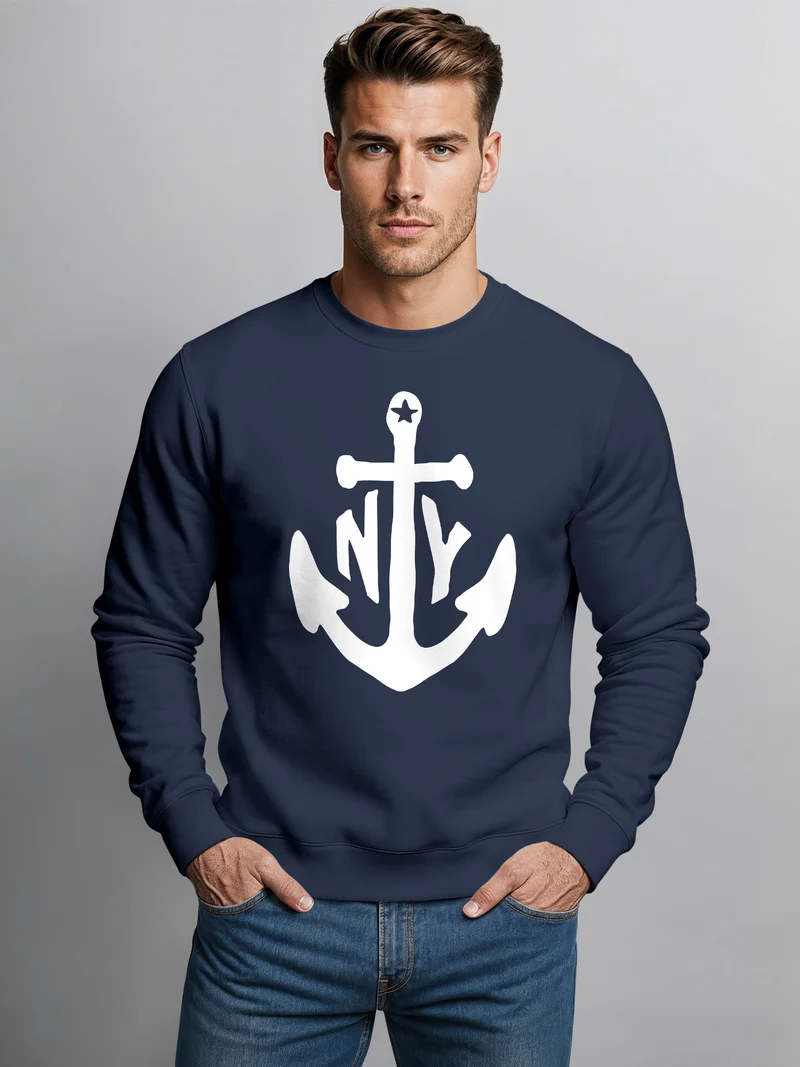 modernes Herren Sweatshirt mit Anker Druck Anchor Rundhals-Pullver