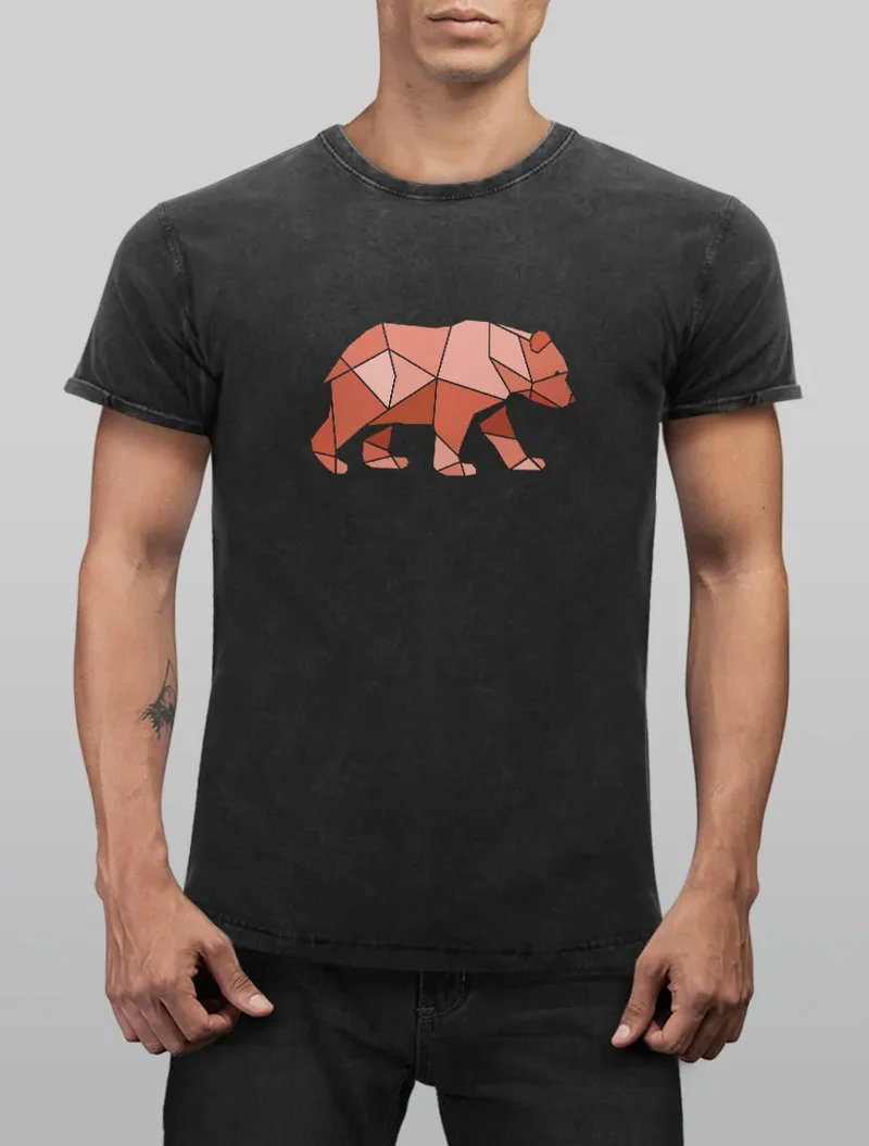 Herren Vintage Shirt Polygon Grafik Bär Outdoor Motive Printshirt Natur Fashion