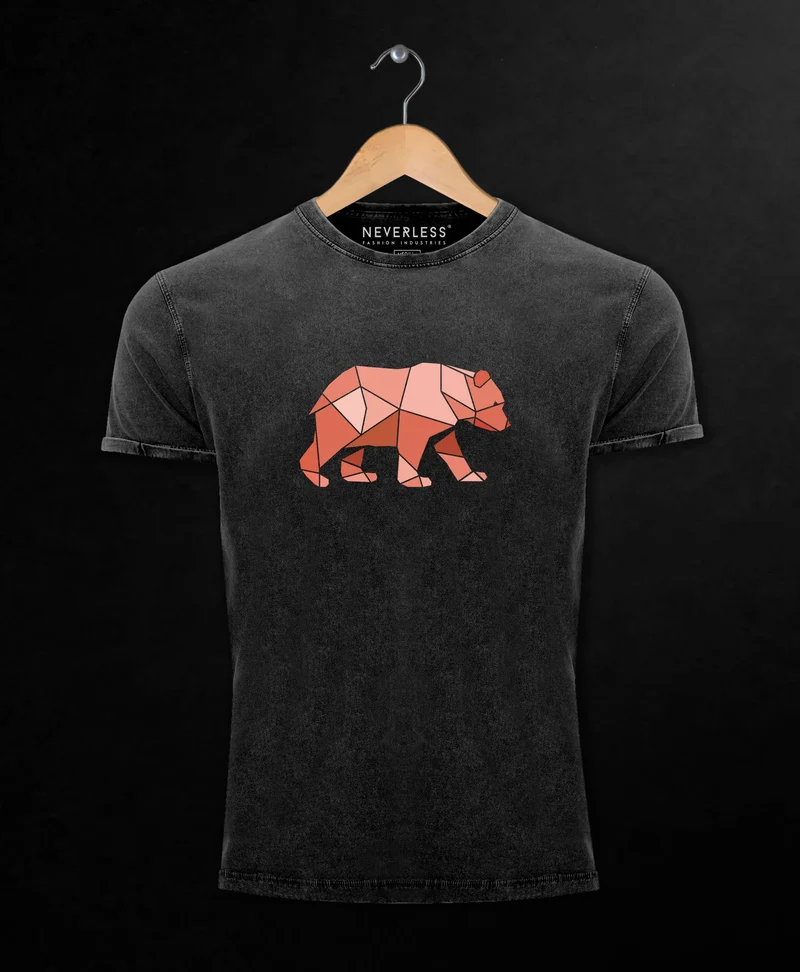 Herren Vintage Shirt Polygon Grafik Bär Outdoor Motive Printshirt Natur Fashion