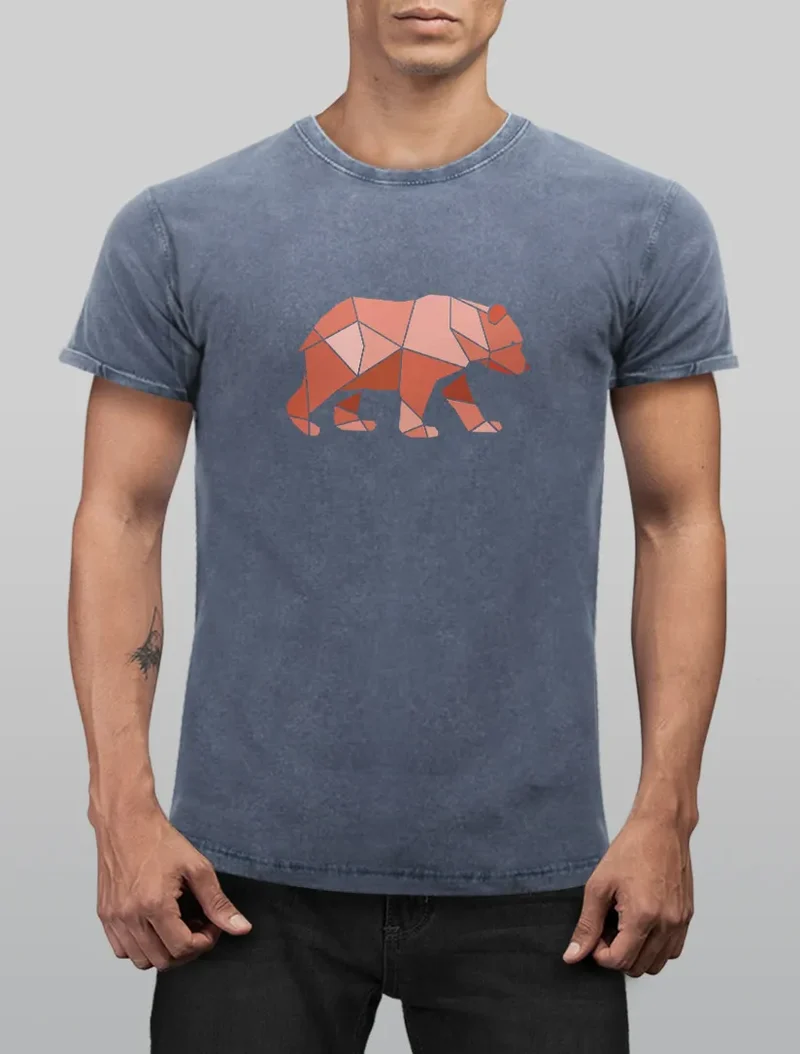 Herren Vintage Shirt Polygon Grafik Bär Outdoor Motive Printshirt Natur Fashion