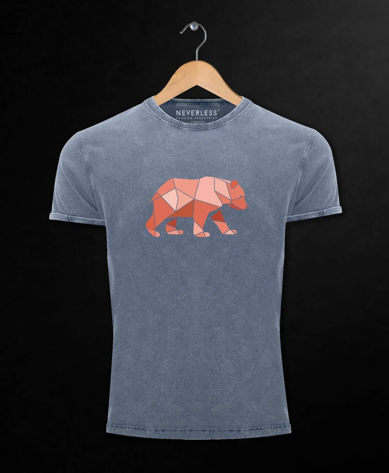 Herren Vintage Shirt Polygon Grafik Bär Outdoor Motive Printshirt Natur Fashion