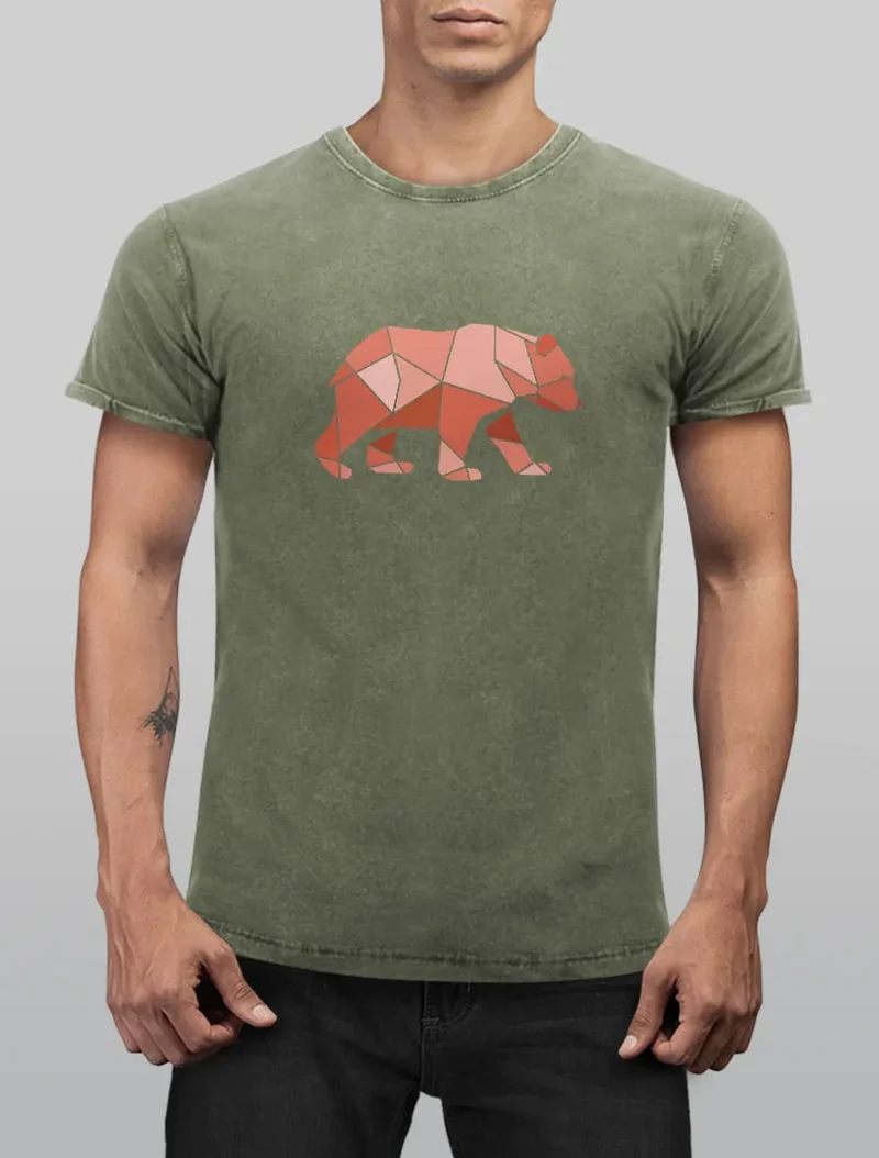 Herren Vintage Shirt Polygon Grafik Bär Outdoor Motive Printshirt Natur Fashion