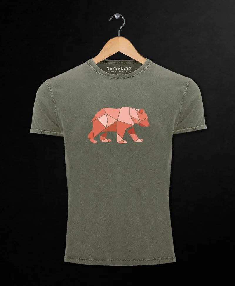 Herren Vintage Shirt Polygon Grafik Bär Outdoor Motive Printshirt Natur Fashion