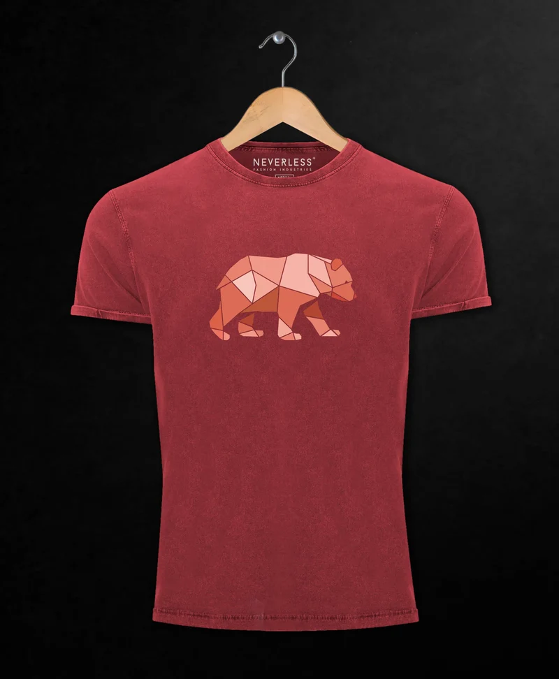 Herren Vintage Shirt Polygon Grafik Bär Outdoor Motive Printshirt Natur Fashion