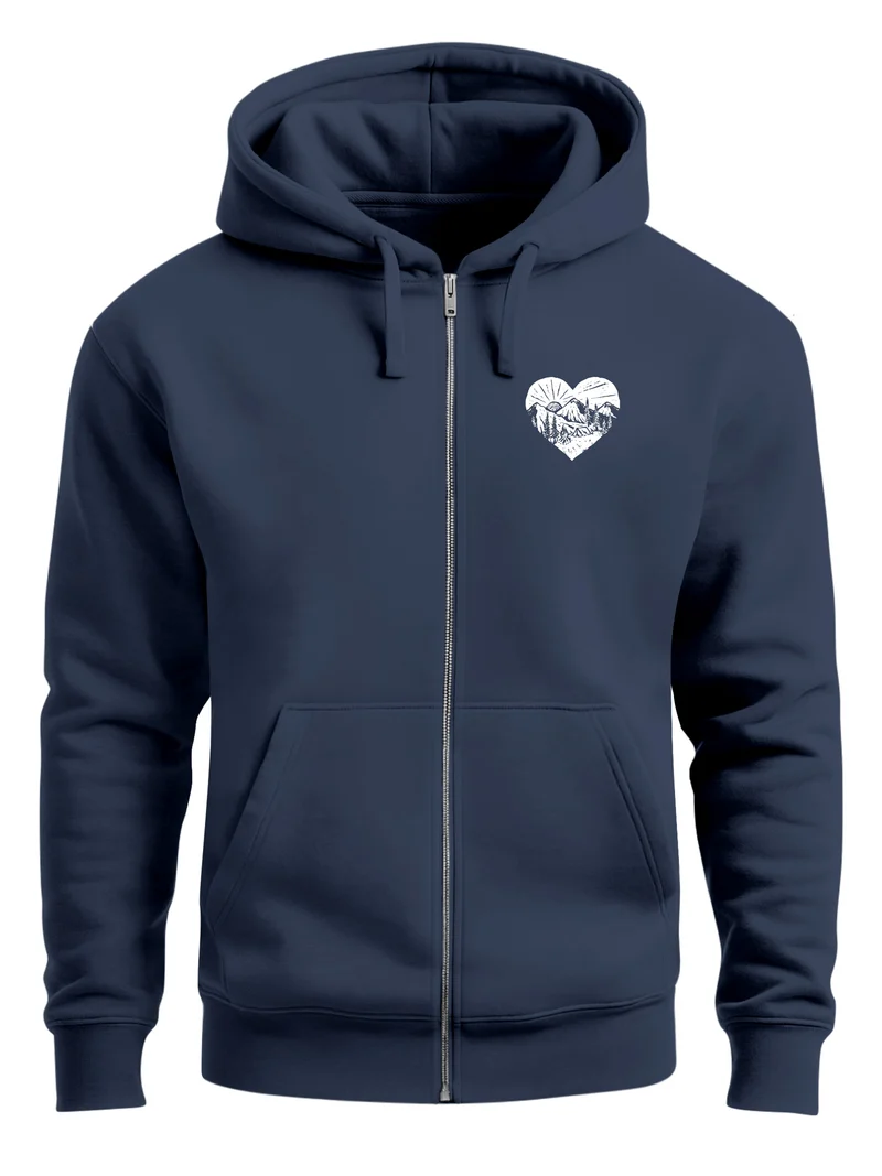 Herren Sweatjacke Wandern Herz Print Aufdruck Motiv Zipjacke mit Kapuze Männer Outdoor Fashion