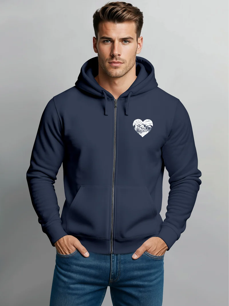 Herren Sweatjacke Wandern Herz Print Aufdruck Motiv Zipjacke mit Kapuze Männer Outdoor Fashion