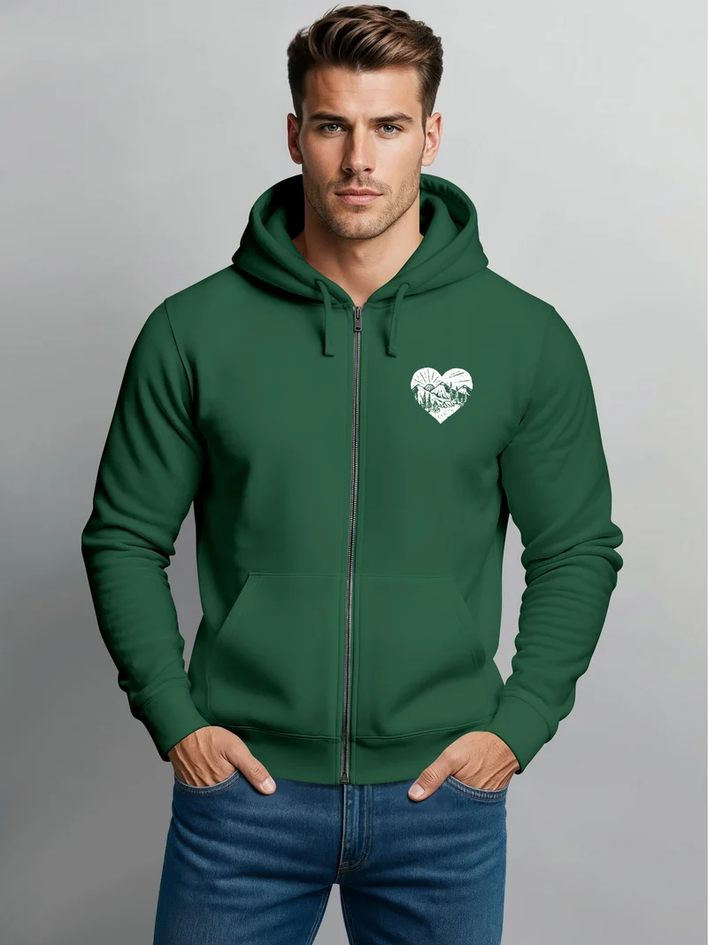 Herren Sweatjacke Wandern Herz Print Aufdruck Motiv Zipjacke mit Kapuze Männer Outdoor Fashion