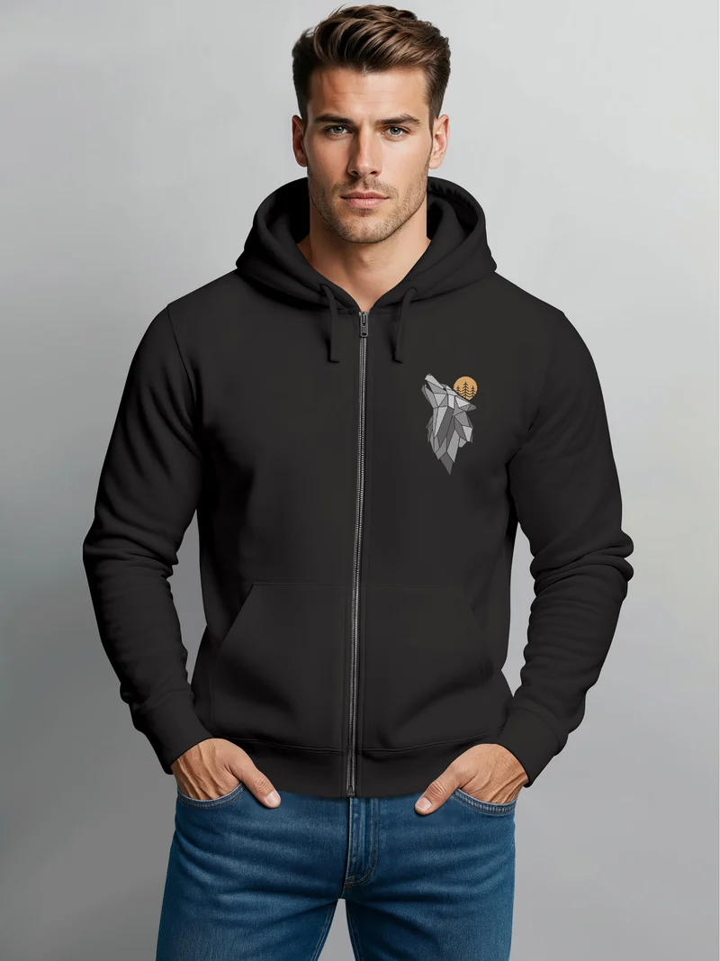 Sweatjacke Herren Polygon Wolf Wald Zip-Hoodie Kapuze Print Outdoor Zipjacke Männer Fashion