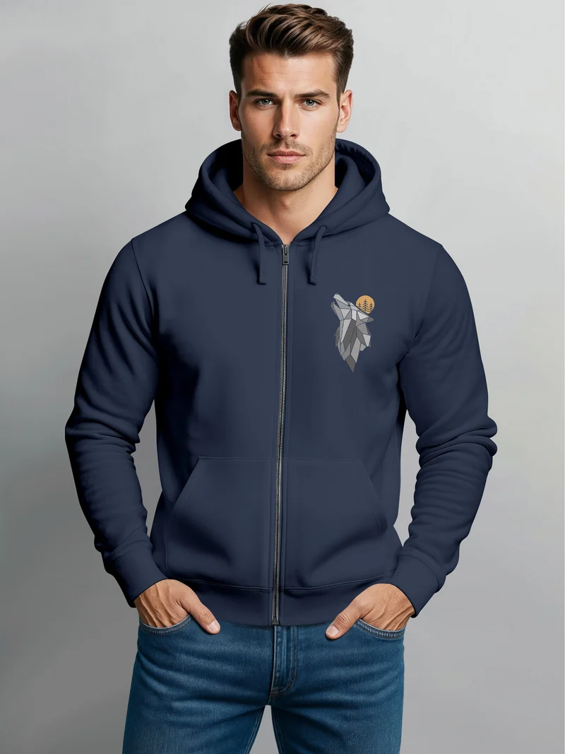 Sweatjacke Herren Polygon Wolf Wald Zip-Hoodie Kapuze Print Outdoor Zipjacke Männer Fashion