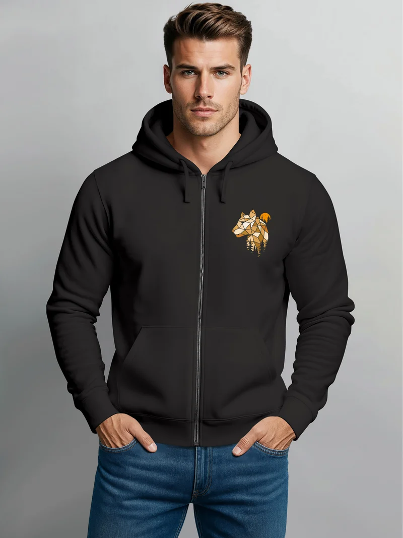 Herren Sweatjacke Luchs Polygon Mond wandern Outdoor mit Kapuze Print Aufdruck Motiv Zipjacke Männer Fashion