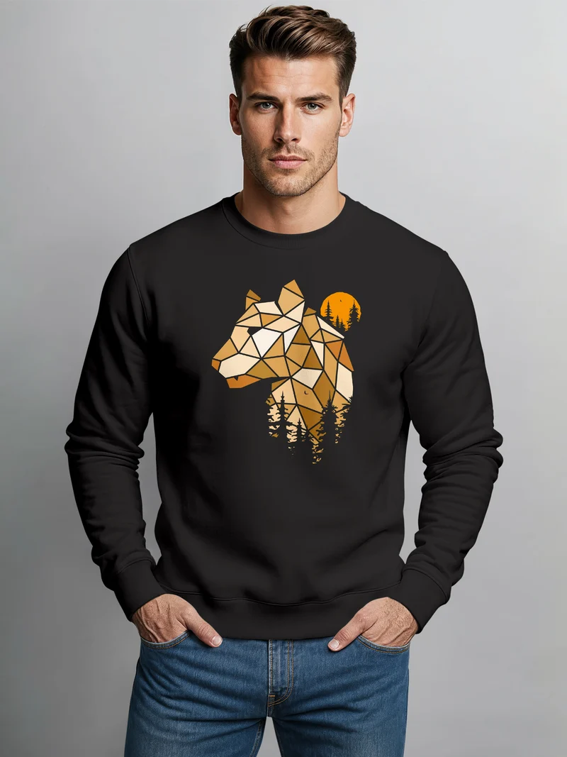 Sweatshirt Herren Fashion Polygon Print Luchs Wald Tiere Outdoor Motiv Rundhals-Pullover Fashion Streetwear