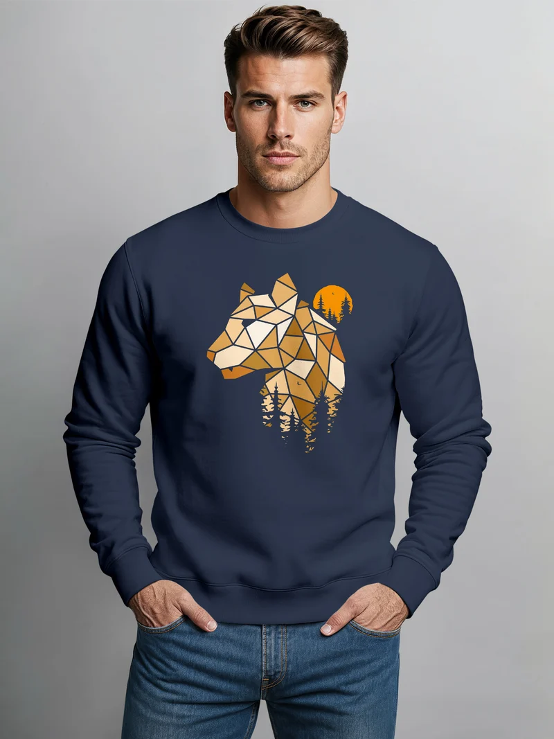 Sweatshirt Herren Fashion Polygon Print Luchs Wald Tiere Outdoor Motiv Rundhals-Pullover Fashion Streetwear