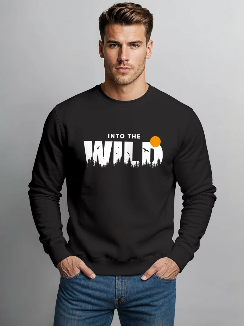 Sweatshirt Herren Brustprint Bedruckt Into The Wild Schriftzug Outdoor Fashion Rundhals-Pullover