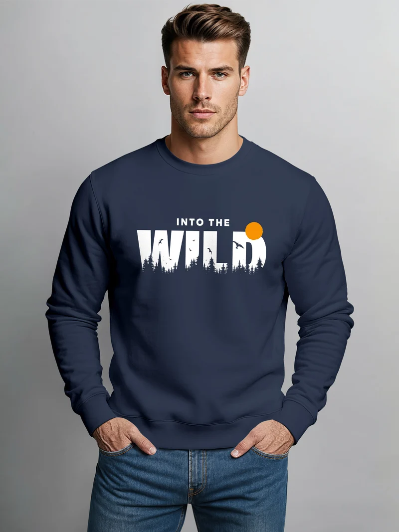 Sweatshirt Herren Brustprint Bedruckt Into The Wild Schriftzug Outdoor Fashion Rundhals-Pullover