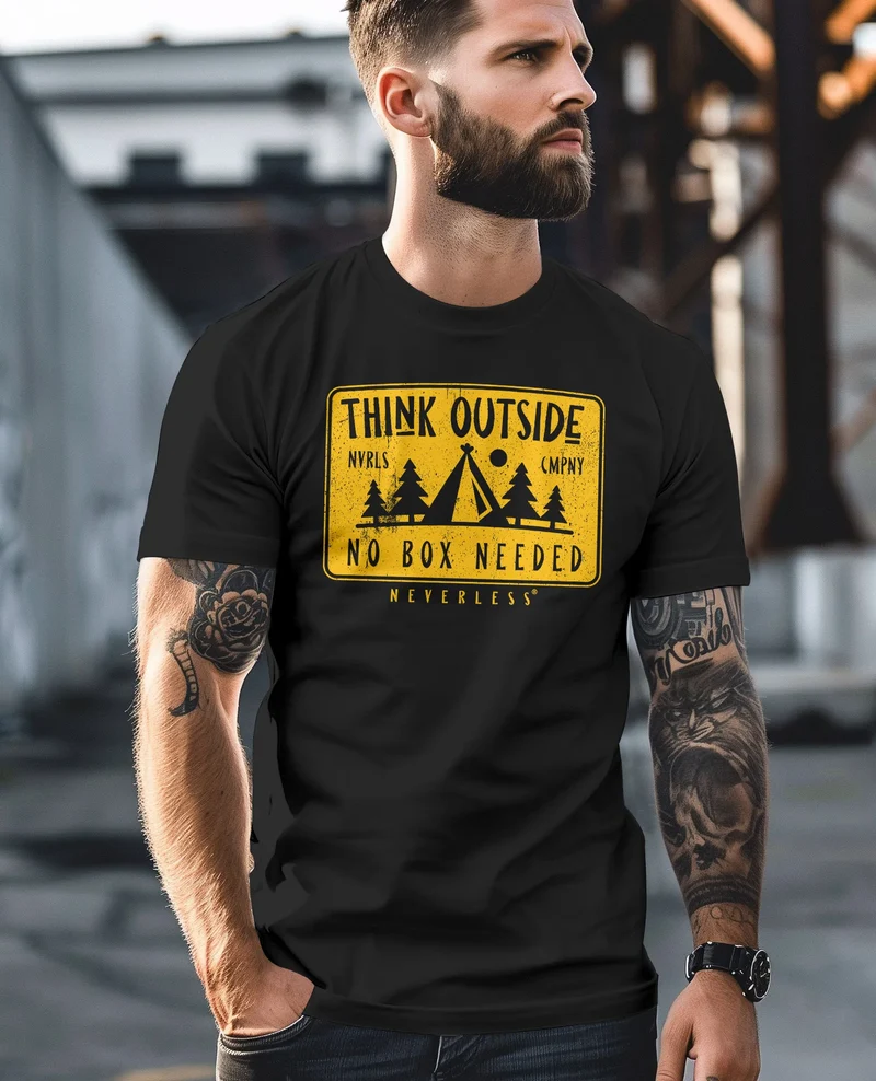 Herren T-Shirt SpuchThink Outside Rückenaufdruck Wald Outdoor Camping Printshirt Männer Fashion Streetstyle