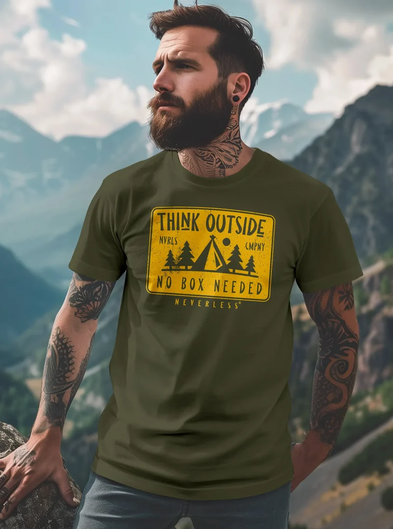 Herren T-Shirt SpuchThink Outside Rückenaufdruck Wald Outdoor Camping Printshirt Männer Fashion Streetstyle