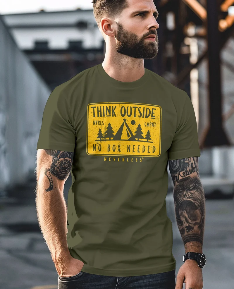Herren T-Shirt SpuchThink Outside Rückenaufdruck Wald Outdoor Camping Printshirt Männer Fashion Streetstyle
