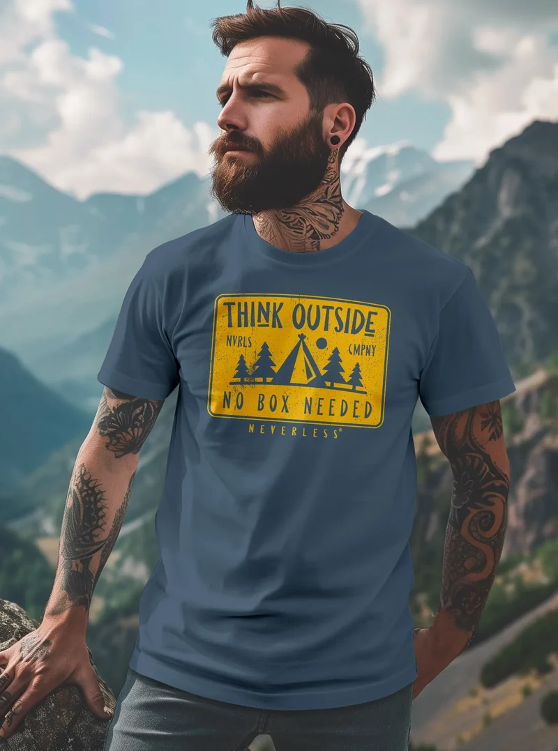 Herren T-Shirt SpuchThink Outside Rückenaufdruck Wald Outdoor Camping Printshirt Männer Fashion Streetstyle