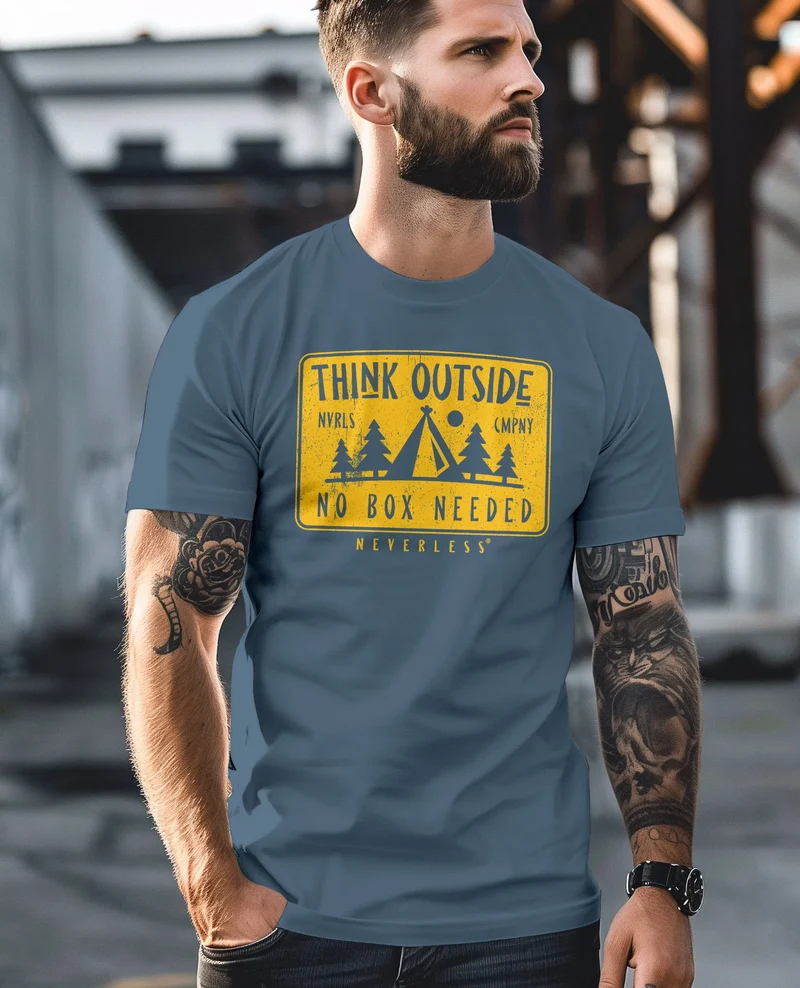 Herren T-Shirt SpuchThink Outside Rückenaufdruck Wald Outdoor Camping Printshirt Männer Fashion Streetstyle
