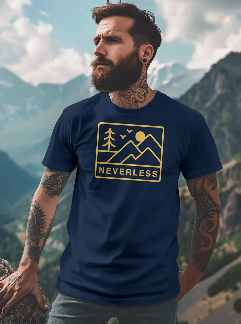 Herren T-Shirt Outdoor Grafik Line Art Berge Natur Männer Printshirt Aufdruck Schriftzug Fashion Streetstyle