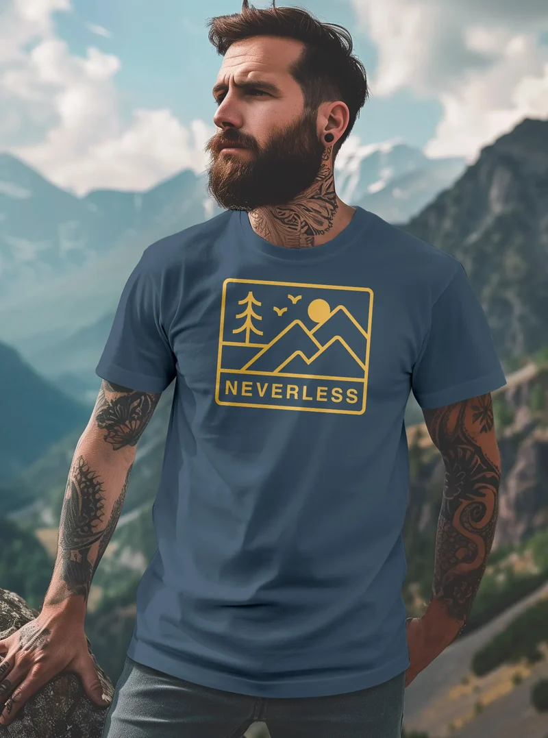 Herren T-Shirt Outdoor Grafik Line Art Berge Natur Männer Printshirt Aufdruck Schriftzug Fashion Streetstyle