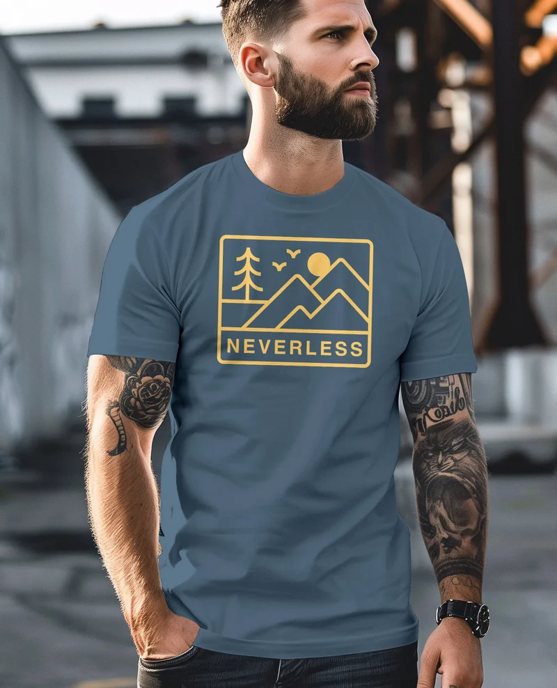 Herren T-Shirt Outdoor Grafik Line Art Berge Natur Männer Printshirt Aufdruck Schriftzug Fashion Streetstyle