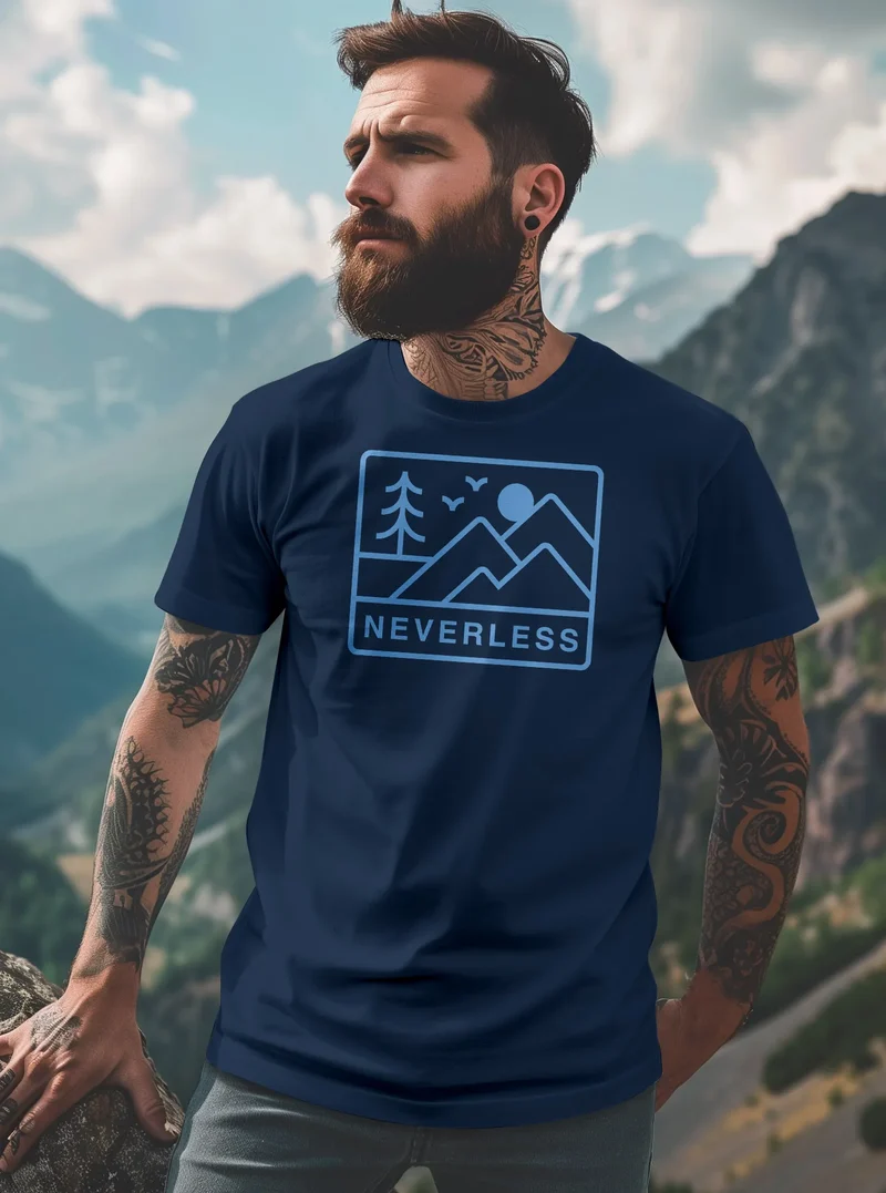 Herren T-Shirt Outdoor Grafik Line Art Berge Natur Männer Printshirt Aufdruck Schriftzug Fashion Streetstyle