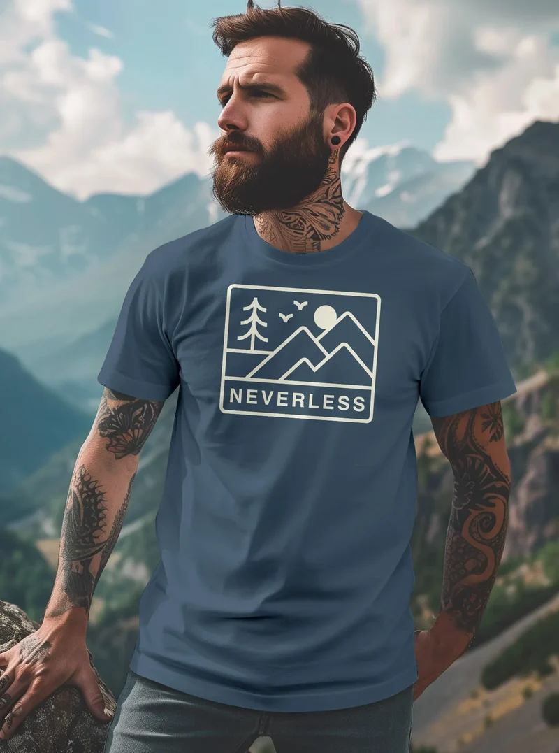 Herren T-Shirt Outdoor Grafik Line Art Berge Natur Männer Printshirt Aufdruck Schriftzug Fashion Streetstyle