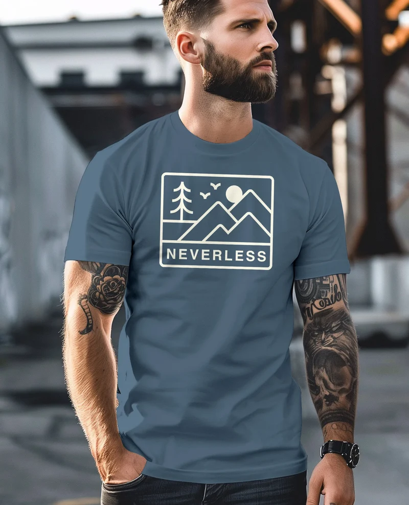 Herren T-Shirt Outdoor Grafik Line Art Berge Natur Männer Printshirt Aufdruck Schriftzug Fashion Streetstyle