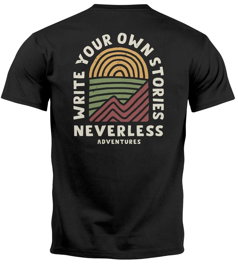 Herren T-Shirt Backprint Outdoor Grafik Line Art Berge Natur Männer Printshirt Fashion Streetstyle