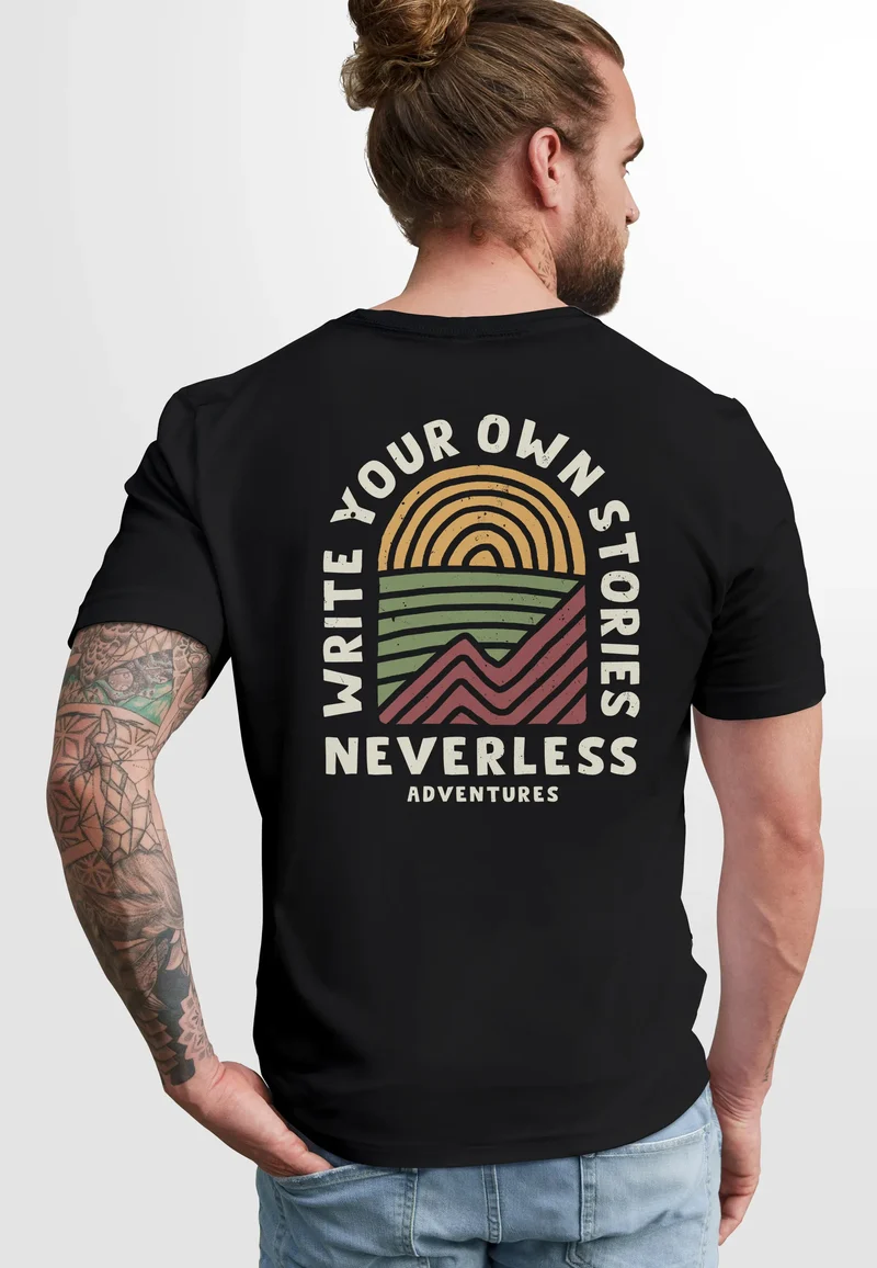 Herren T-Shirt Backprint Outdoor Grafik Line Art Berge Natur Männer Printshirt Fashion Streetstyle